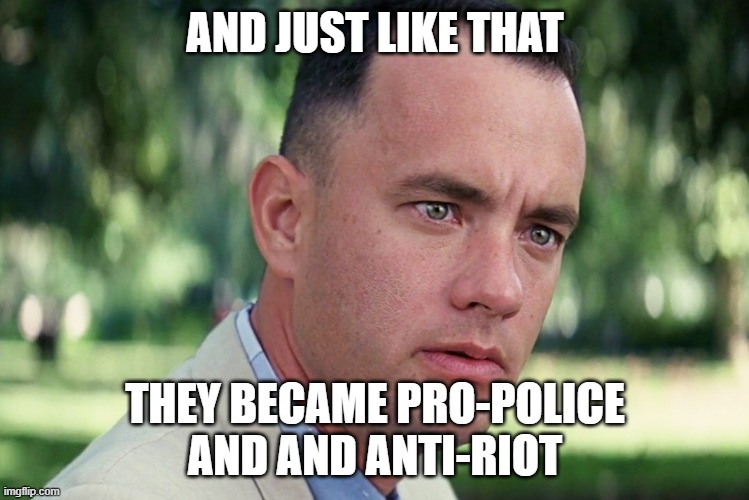 And Just Like That Meme | AND JUST LIKE THAT; THEY BECAME PRO-POLICE AND AND ANTI-RIOT | image tagged in memes,and just like that | made w/ Imgflip meme maker
