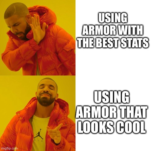 USING ARMOR WITH THE BEST STATS; USING ARMOR THAT LOOKS COOL | image tagged in memes | made w/ Imgflip meme maker