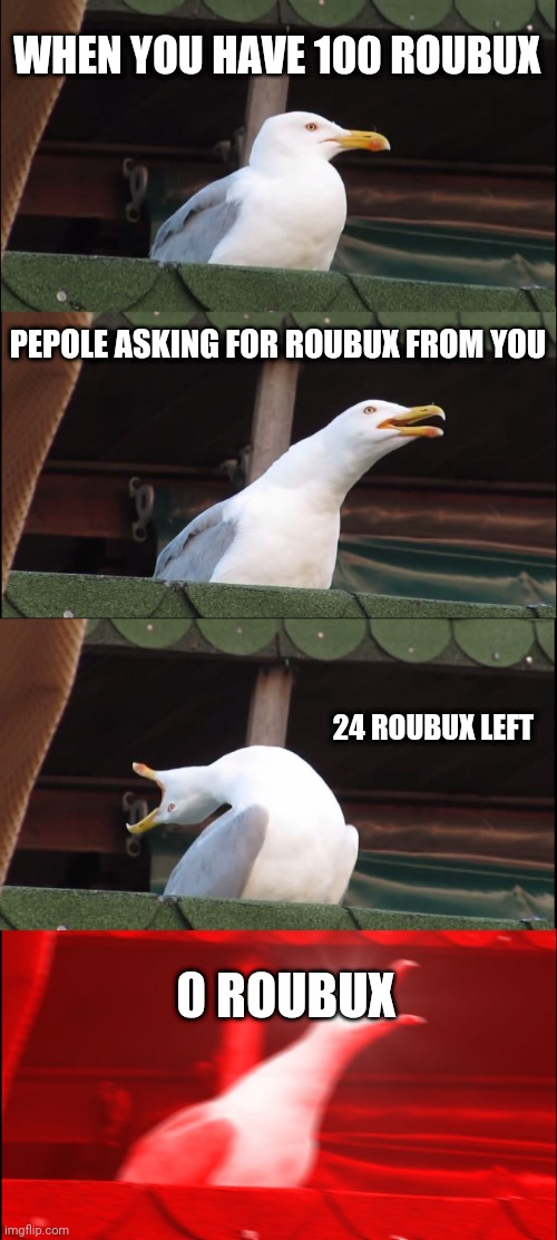 Inhaling Seagull | WHEN YOU HAVE 100 ROUBUX; PEPOLE ASKING FOR ROUBUX FROM YOU; 24 ROUBUX LEFT; 0 ROUBUX | image tagged in memes,inhaling seagull | made w/ Imgflip meme maker