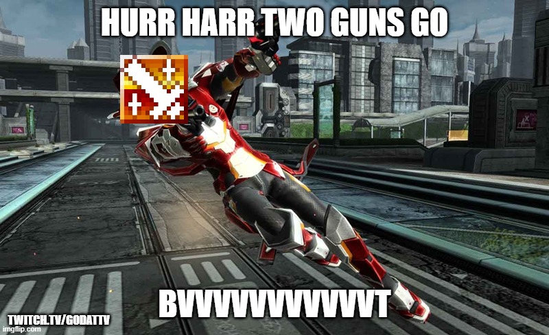 hero tmg | HURR HARR TWO GUNS GO; BVVVVVVVVVVVT; TWITCH.TV/GODATTV | image tagged in anime gunner guy | made w/ Imgflip meme maker