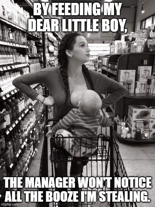 Breast Feeding | BY FEEDING MY DEAR LITTLE BOY, THE MANAGER WON'T NOTICE ALL THE BOOZE I'M STEALING. | image tagged in breast feeding | made w/ Imgflip meme maker