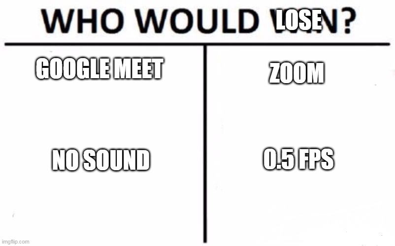 I PICK ZOOM | LOSE; ZOOM; GOOGLE MEET; 0.5 FPS; NO SOUND | image tagged in memes,who would win | made w/ Imgflip meme maker