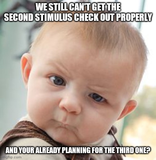 Skeptical Baby | WE STILL CAN'T GET THE SECOND STIMULUS CHECK OUT PROPERLY; AND YOUR ALREADY PLANNING FOR THE THIRD ONE? | image tagged in memes,skeptical baby | made w/ Imgflip meme maker