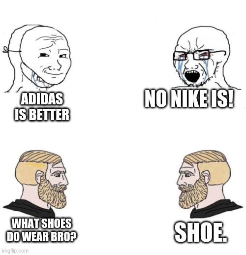 soyboy vs soyboy | NO NIKE IS! ADIDAS IS BETTER; WHAT SHOES DO WEAR BRO? SHOE. | image tagged in soyboy vs soyboy | made w/ Imgflip meme maker