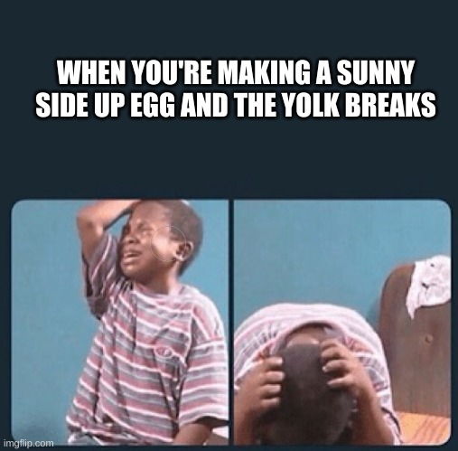 It be really sad | WHEN YOU'RE MAKING A SUNNY SIDE UP EGG AND THE YOLK BREAKS | image tagged in black kid crying with knife | made w/ Imgflip meme maker