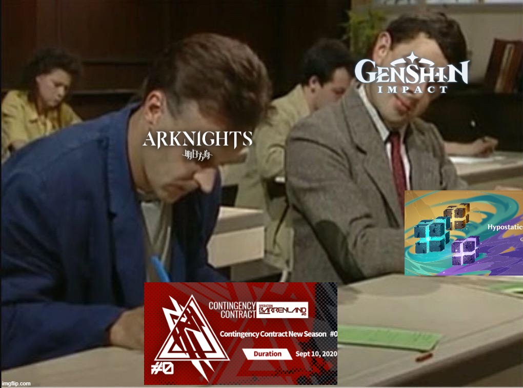 Genshin Impact Contigency Contract | image tagged in mr bean cheats on exam,genshin impact | made w/ Imgflip meme maker