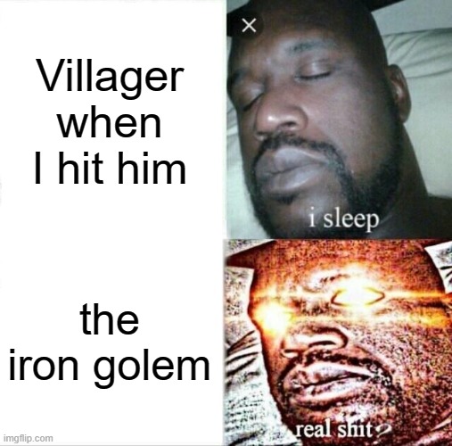 Sleeping Shaq | Villager when I hit him; the iron golem | image tagged in memes,sleeping shaq | made w/ Imgflip meme maker