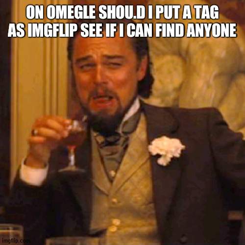 Laughing Leo | ON OMEGLE SHOU.D I PUT A TAG AS IMGFLIP SEE IF I CAN FIND ANYONE | image tagged in memes,laughing leo | made w/ Imgflip meme maker