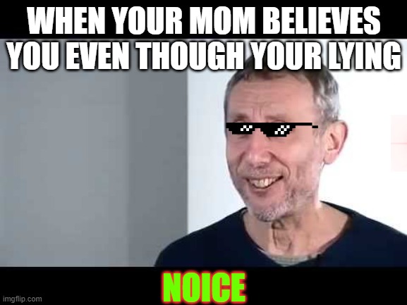 lying to mom noice | WHEN YOUR MOM BELIEVES YOU EVEN THOUGH YOUR LYING; NOICE | image tagged in noice | made w/ Imgflip meme maker