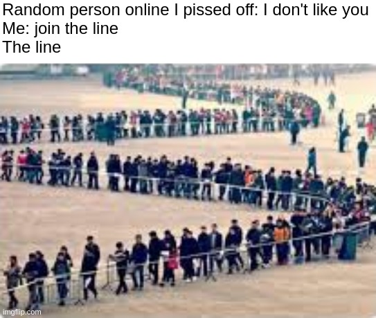 Join the line | Random person online I pissed off: I don't like you
Me: join the line
The line | image tagged in the line,memes | made w/ Imgflip meme maker