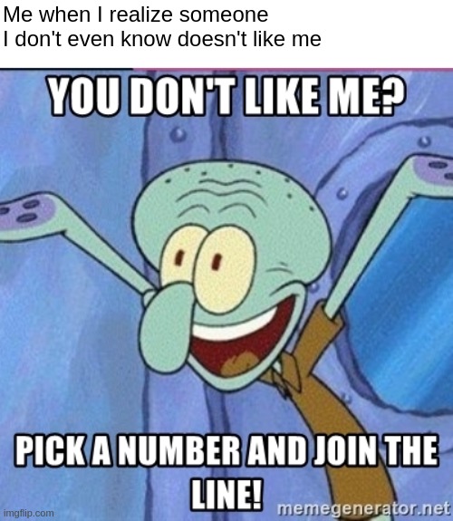 Join the line | Me when I realize someone I don't even know doesn't like me | image tagged in you dont like me join the line,memes | made w/ Imgflip meme maker
