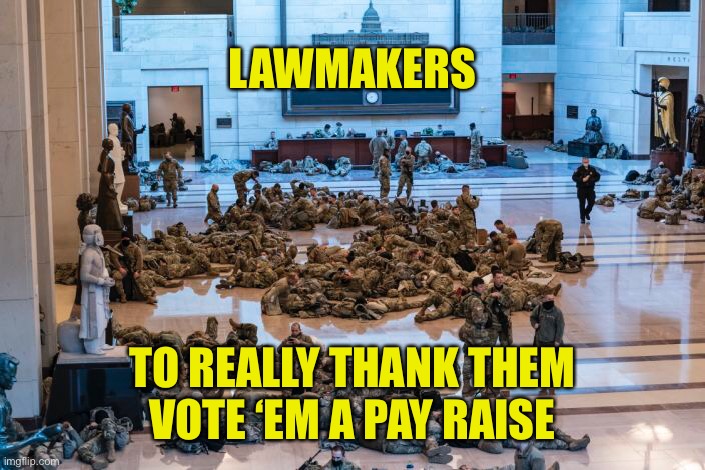 Won’t Hold My Breath | LAWMAKERS; TO REALLY THANK THEM
VOTE ‘EM A PAY RAISE | image tagged in soldiers,capitol,pay raise | made w/ Imgflip meme maker