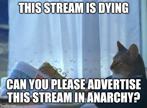 You should |  THIS STREAM IS DYING; CAN YOU PLEASE ADVERTISE THIS STREAM IN ANARCHY? | image tagged in memes,i should buy a boat cat | made w/ Imgflip meme maker