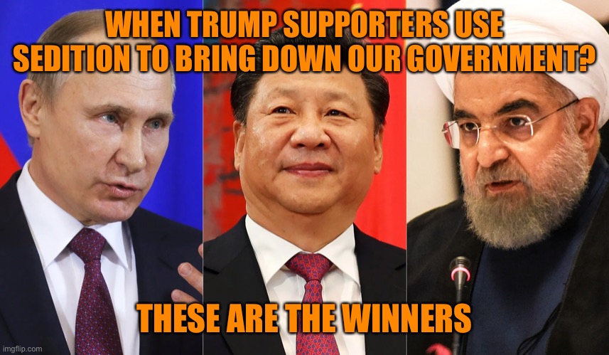 Our Republics ‘Patriots’ destroying America from within | WHEN TRUMP SUPPORTERS USE SEDITION TO BRING DOWN OUR GOVERNMENT? THESE ARE THE WINNERS | image tagged in donald trump,maga,china,russia,iran,enemies | made w/ Imgflip meme maker
