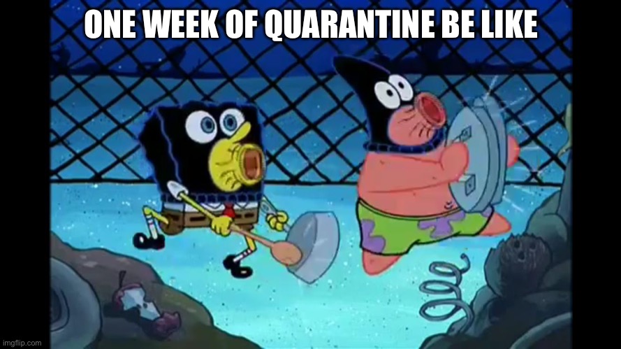 Spongebob and Patrick making noise | ONE WEEK OF QUARANTINE BE LIKE | image tagged in spongebob and patrick making noise | made w/ Imgflip meme maker