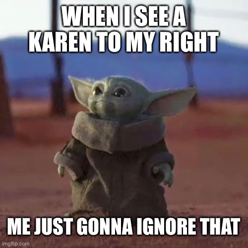 Baby Yoda | WHEN I SEE A KAREN TO MY RIGHT; ME JUST GONNA IGNORE THAT | image tagged in baby yoda | made w/ Imgflip meme maker