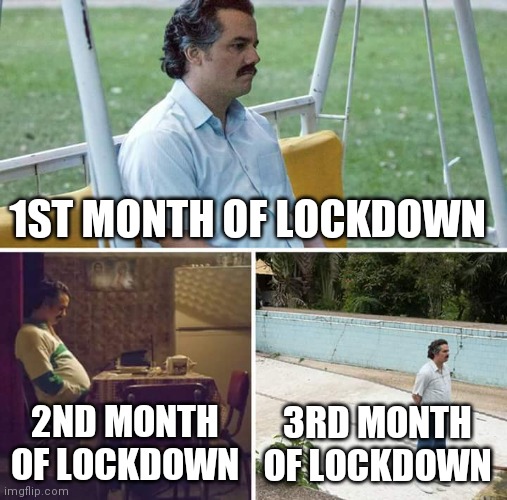 Lockdown | 1ST MONTH OF LOCKDOWN; 2ND MONTH OF LOCKDOWN; 3RD MONTH OF LOCKDOWN | image tagged in memes,sad pablo escobar | made w/ Imgflip meme maker