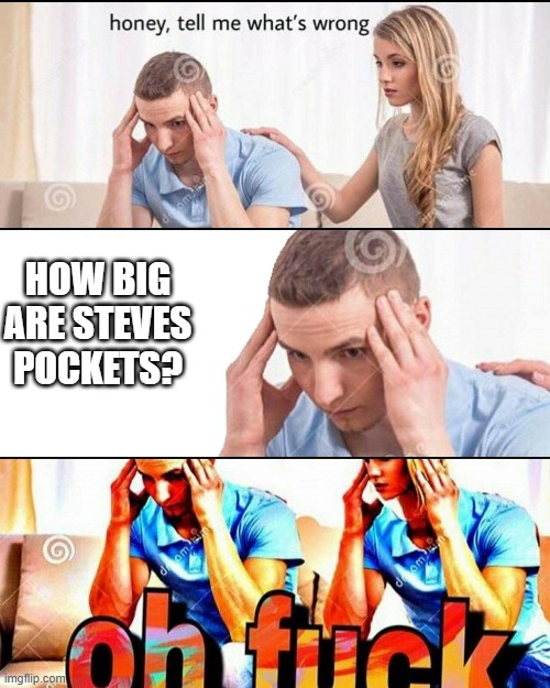 OH F*CK | HOW BIG ARE STEVES POCKETS? | image tagged in oh f ck | made w/ Imgflip meme maker