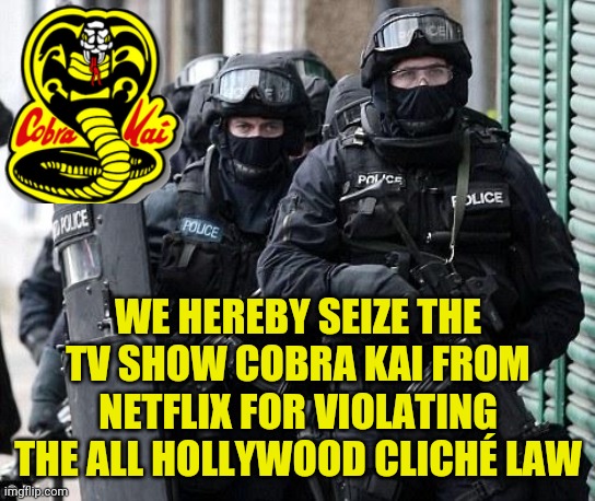 Cobra Kai Hollywood Cliche tv show |  WE HEREBY SEIZE THE TV SHOW COBRA KAI FROM NETFLIX FOR VIOLATING THE ALL HOLLYWOOD CLICHÉ LAW | image tagged in cliche police,meme,netflix,hollywood cliche | made w/ Imgflip meme maker