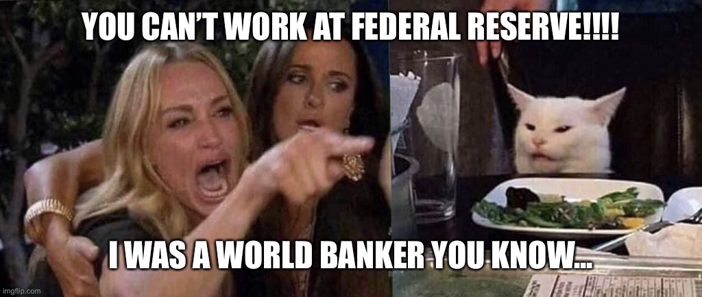 woman yelling at cat | YOU CAN’T WORK AT FEDERAL RESERVE!!!! I WAS A WORLD BANKER YOU KNOW... | image tagged in woman yelling at cat | made w/ Imgflip meme maker