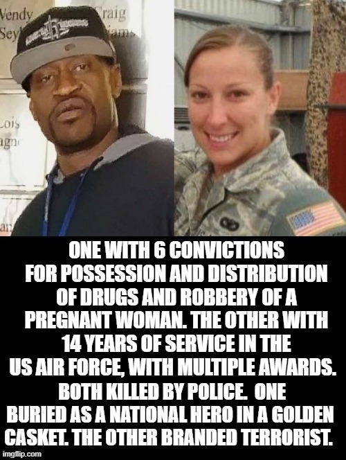 One Branded National Hero, One Branded Terrorist | ONE WITH 6 CONVICTIONS FOR POSSESSION AND DISTRIBUTION OF DRUGS AND ROBBERY OF A PREGNANT WOMAN. THE OTHER WITH 14 YEARS OF SERVICE IN THE US AIR FORCE, WITH MULTIPLE AWARDS. | image tagged in stupid liberals,stupid people | made w/ Imgflip meme maker