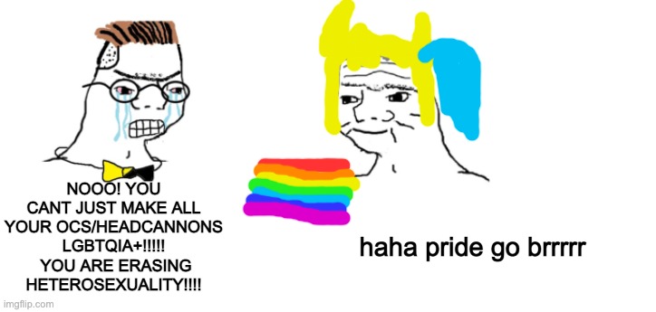 reality can be as gay i as want it to be | NOOO! YOU CANT JUST MAKE ALL YOUR OCS/HEADCANNONS LGBTQIA+!!!!!  YOU ARE ERASING HETEROSEXUALITY!!!! haha pride go brrrrr | image tagged in nooo haha go brrr | made w/ Imgflip meme maker