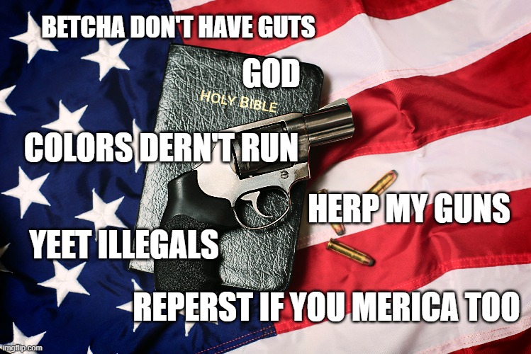 repost if you have the guts | BETCHA DON'T HAVE GUTS; GOD; COLORS DERN'T RUN; HERP MY GUNS; YEET ILLEGALS; REPERST IF YOU MERICA TOO | image tagged in funny memes | made w/ Imgflip meme maker