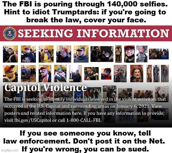 FBI Website, when you care to send the very best | The FBI is pouring through 140,000 selfies. 
Hint to idiot Trumptards: if you're going to 
break the law, cover your face. If you see someone you know, tell law enforcement. Don't post it on the Net. 
If you're wrong, you can be sued. | image tagged in fbi website when you care to send the very best,fbi,trump,idiots,riot | made w/ Imgflip meme maker