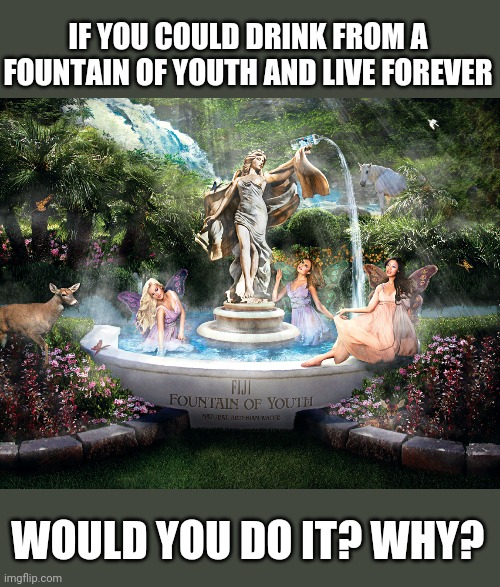 Think of Tuck Everlasting.  What would be the pros and cons of becoming younger or living forever? | IF YOU COULD DRINK FROM A FOUNTAIN OF YOUTH AND LIVE FOREVER; WOULD YOU DO IT? WHY? | image tagged in young,forever | made w/ Imgflip meme maker