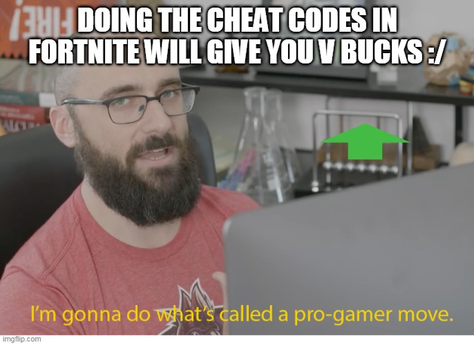 gamers be like | DOING THE CHEAT CODES IN FORTNITE WILL GIVE YOU V BUCKS :/ | image tagged in i'm gonna do what's called a pro-gamer move | made w/ Imgflip meme maker