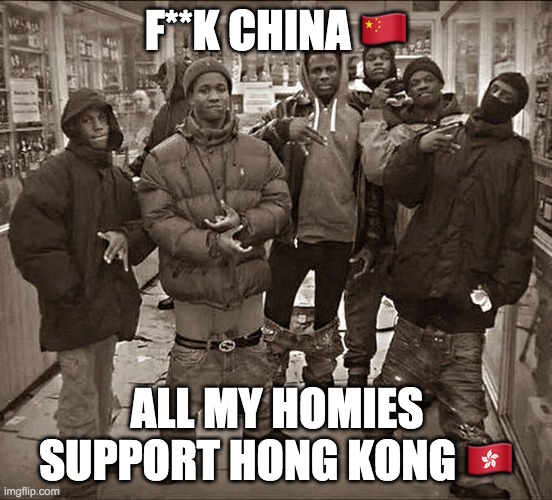 All My Homies Hate | F**K CHINA 🇨🇳; ALL MY HOMIES SUPPORT HONG KONG 🇭🇰 | image tagged in all my homies hate | made w/ Imgflip meme maker