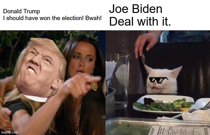 Get over it. | Donald Trump
I should have won the election! Bwah! Joe Biden
Deal with it. | image tagged in memes,woman yelling at cat,donald trump,joe biden,election 2020 | made w/ Imgflip meme maker