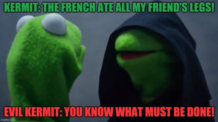 Kermit Inner Me | KERMIT: THE FRENCH ATE ALL MY FRIEND'S LEGS! EVIL KERMIT: YOU KNOW WHAT MUST BE DONE! | image tagged in kermit inner me | made w/ Imgflip meme maker