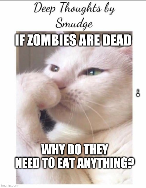 Smudge | IF ZOMBIES ARE DEAD; J M; WHY DO THEY NEED TO EAT ANYTHING? | image tagged in smudge | made w/ Imgflip meme maker