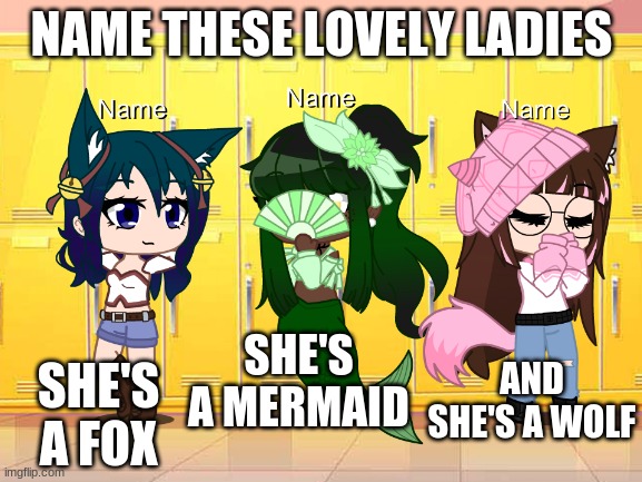Please give your name suggestions in the comments! | NAME THESE LOVELY LADIES; SHE'S A MERMAID; AND SHE'S A WOLF; SHE'S A FOX | made w/ Imgflip meme maker