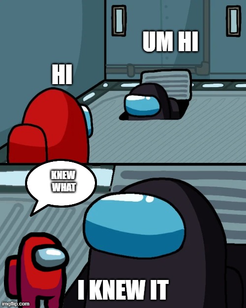 the noob | UM HI; HI; KNEW 
WHAT; I KNEW IT | image tagged in impostor of the vent | made w/ Imgflip meme maker