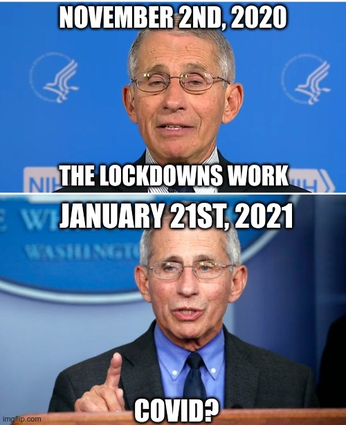 Remember This Meme | NOVEMBER 2ND, 2020; THE LOCKDOWNS WORK; JANUARY 21ST, 2021; COVID? | image tagged in dr fauci,creepy joe biden,deranged lefts | made w/ Imgflip meme maker