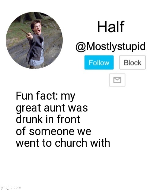 My dad basically had a panic attack | Fun fact: my great aunt was drunk in front of someone we went to church with | image tagged in mostlystupid template | made w/ Imgflip meme maker