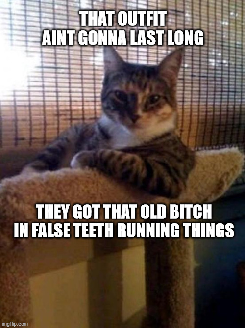 The Most Interesting Cat In The World Meme | THAT OUTFIT AINT GONNA LAST LONG; THEY GOT THAT OLD BITCH IN FALSE TEETH RUNNING THINGS | image tagged in memes,the most interesting cat in the world | made w/ Imgflip meme maker