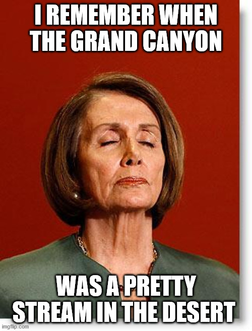 Blind Pelosi |  I REMEMBER WHEN THE GRAND CANYON; WAS A PRETTY STREAM IN THE DESERT | image tagged in blind pelosi | made w/ Imgflip meme maker