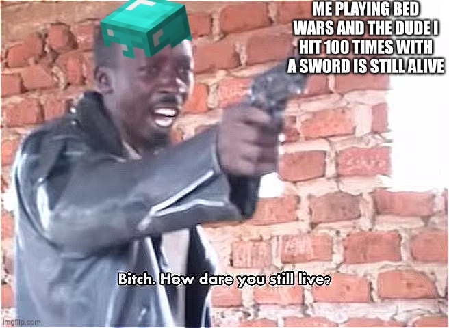 Bitch. How dare you still live | ME PLAYING BED WARS AND THE DUDE I HIT 100 TIMES WITH A SWORD IS STILL ALIVE | image tagged in bitch how dare you still live | made w/ Imgflip meme maker