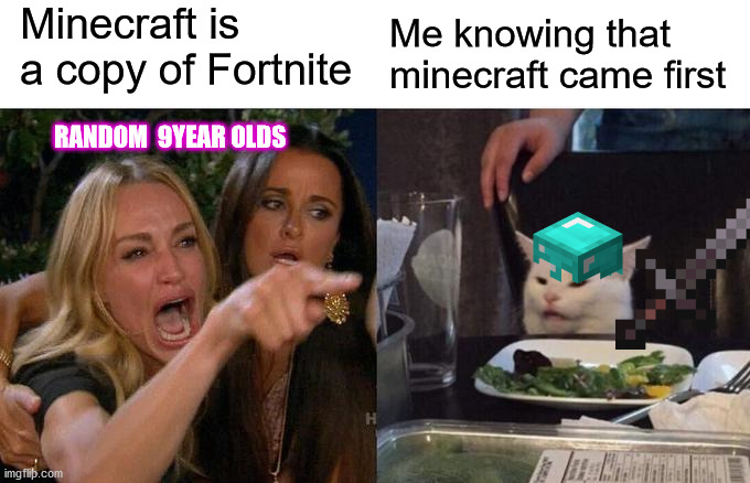 Woman Yelling At Cat | Minecraft is a copy of Fortnite; Me knowing that minecraft came first; RANDOM  9YEAR OLDS | image tagged in memes,woman yelling at cat | made w/ Imgflip meme maker