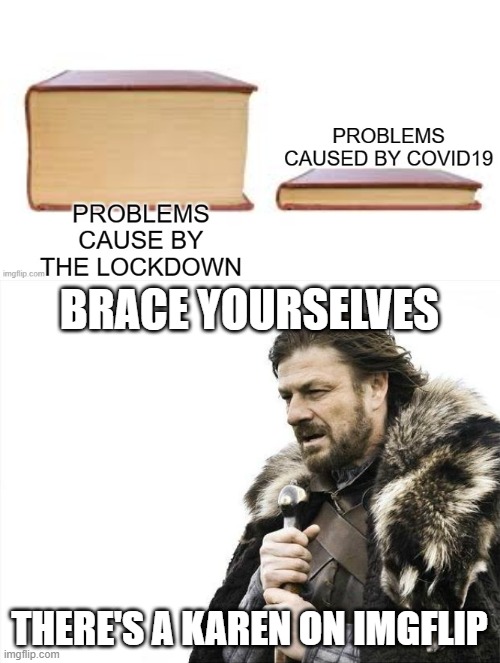 Call the rescue team! They're marching into imgflip!! | BRACE YOURSELVES; THERE'S A KAREN ON IMGFLIP | image tagged in memes,brace yourselves x is coming,karen,covid-19 | made w/ Imgflip meme maker