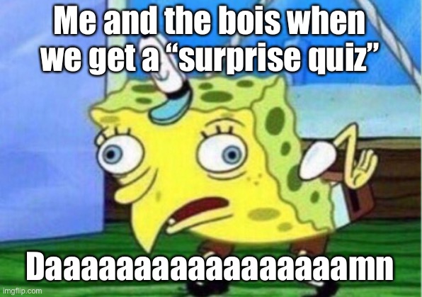 OH NO | Me and the bois when we get a “surprise quiz”; Daaaaaaaaaaaaaaaaamn | image tagged in memes,mocking spongebob | made w/ Imgflip meme maker