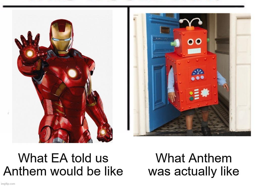 comparison table | What EA told us Anthem would be like; What Anthem was actually like | image tagged in comparison table | made w/ Imgflip meme maker