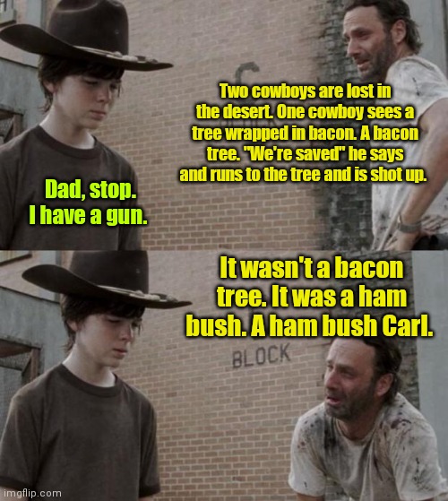 Careful what you eat. | Two cowboys are lost in the desert. One cowboy sees a tree wrapped in bacon. A bacon tree. "We're saved" he says and runs to the tree and is shot up. Dad, stop. I have a gun. It wasn't a bacon tree. It was a ham bush. A ham bush Carl. | image tagged in memes,rick and carl,funny | made w/ Imgflip meme maker