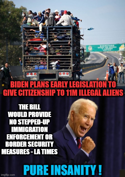 Stolen Elections Have Consequences | BIDEN PLANS EARLY LEGISLATION TO GIVE CITIZENSHIP TO 11M ILLEGAL ALIENS; THE BILL WOULD PROVIDE NO STEPPED-UP IMMIGRATION ENFORCEMENT OR BORDER SECURITY MEASURES - LA TIMES; PURE INSANITY ! | image tagged in politics,joe biden,sovereignty,america,democratic socialism,liberalism | made w/ Imgflip meme maker
