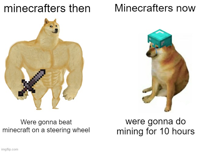 Buff Doge vs. Cheems | minecrafters then; Minecrafters now; Were gonna beat minecraft on a steering wheel; were gonna do mining for 10 hours | image tagged in memes,buff doge vs cheems,minecraft | made w/ Imgflip meme maker