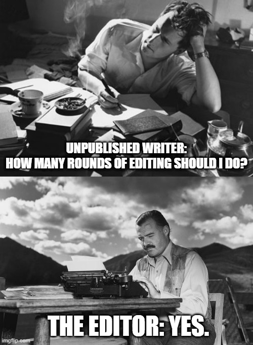the struggle is real | UNPUBLISHED WRITER:
HOW MANY ROUNDS OF EDITING SHOULD I DO? THE EDITOR: YES. | image tagged in writer,typing hemingway | made w/ Imgflip meme maker