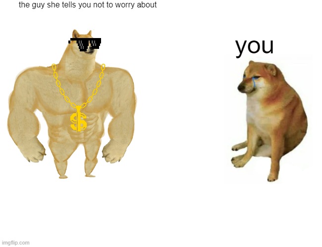 Buff Doge vs. Cheems Meme |  the guy she tells you not to worry about; you | image tagged in memes,buff doge vs cheems | made w/ Imgflip meme maker